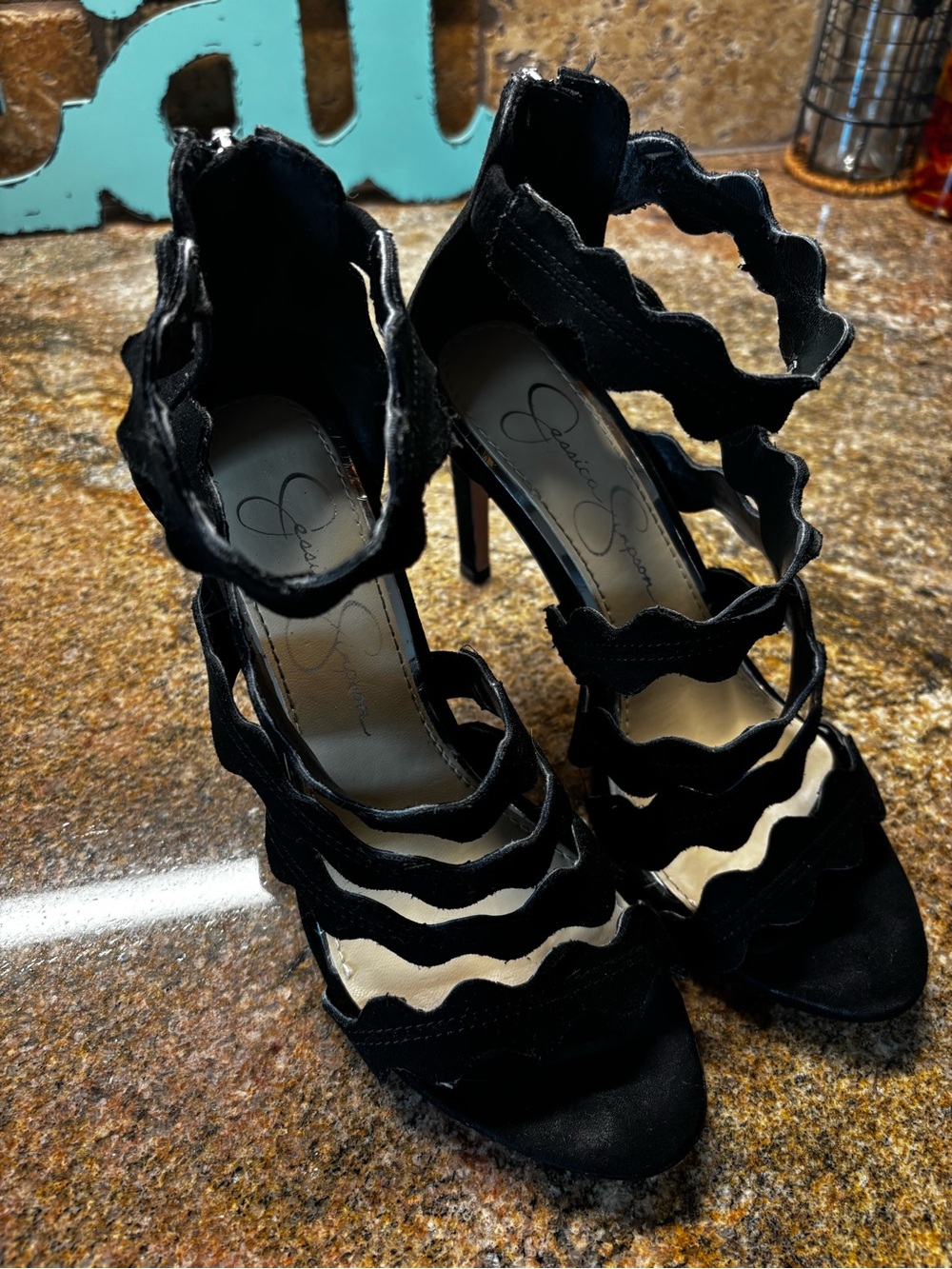 Jessica Simpson Black Scalloped Strap Stiletto Heels